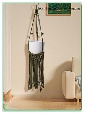 Uplifted Trends Bohemian Woven Tapestry Flower Basket Handwoven Hanging Plant Pot For Wall Decor Macrame Flowerpot Net Bag green