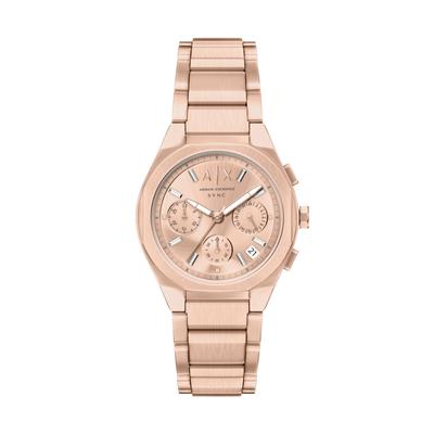 Chronograph ARMANI EXCHANGE "SYNC", rosa (roségoldfarben), Armbanduhren, Damen, Chronograph, Quarzuhr, Armbanduhr, Edelstahlarmband, analog, Tag, Stoppfunktion