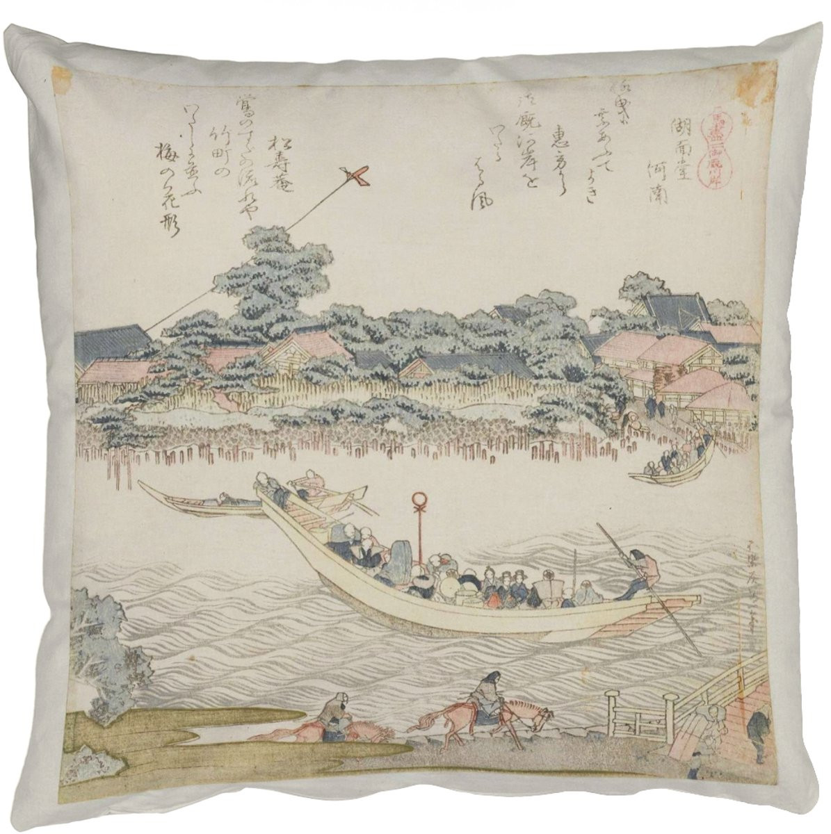 Katoenen sierkussen met afbeelding De Onmaya rivieroever van Katsushika Hokusai, 50 x 50 cm