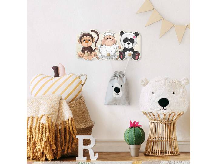 Patère enfants Singe, mouton et panda 40 x 20 x 1cm Blanc/Marron