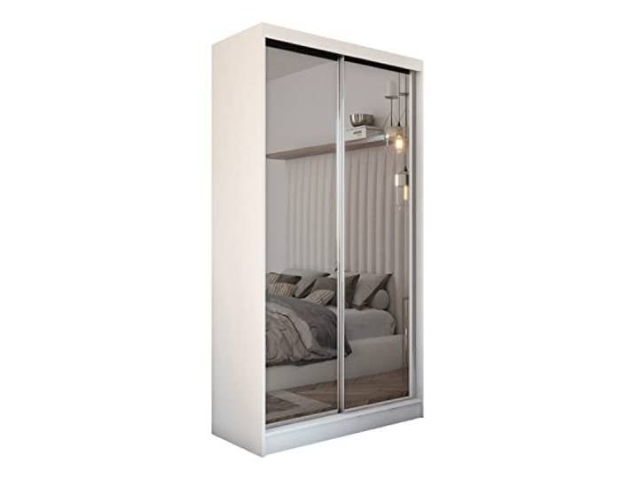 MEBLINI Kleiderschrank mit Spiegel, 2 Türen - Schwebetürenschrank mit Kleiderstange - Schlafzimmerschrank mit Einlegeböden - Wardrobe Closet - Debora - 120 cm - Weiß + Spiegel