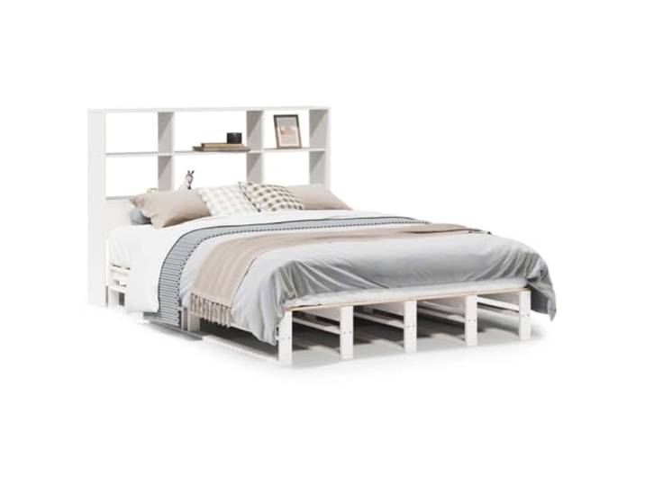 PUGYNBK Bett mit Regal ohne Matratze, Massivholz, Weiß, 160 x 200 cm Kopfteil mit Ablage, Lattenrost inklusive, platzsparend, für kleines Schlafzimmer