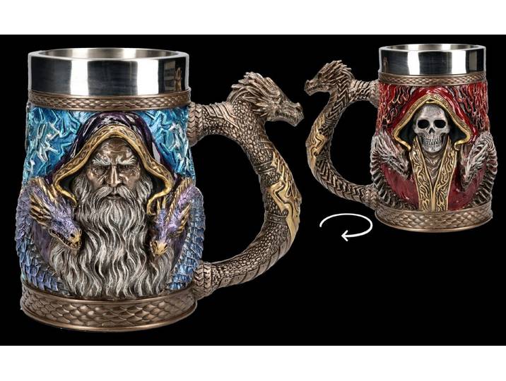 Figuren Shop GmbH Bierkrug Drachen Krug – Heaven Hell Fantasy Sammlerfigur Gothic 500 ml Bierkrug, Kunststein (Polyresin), Edelstahl