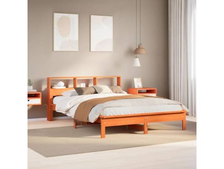 Massivholz Bett mit Bücherregal Lattenrost Kiefer Braun 120x190 cm Massivholzbett mit Regal ohne Matratze Wachsbraun 120x190 cm Bettgestell mit Buecherregal Lattenrost Stabil Holzbetten fuer