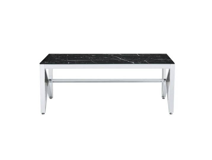 Table Basse MAJESTIQUE Rectangle Plateau Verre Trempé Marbré Noir Pieds Chrome 120x60x45cm