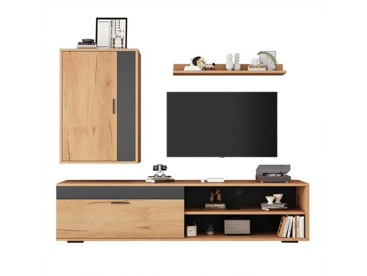 Flieks Tv-Wohnwand 3-teilig TV Schrank Holz Schwarz 140cm, Eichefarben, 140x39x35 cm, Wohnzimmer, Wohnwände