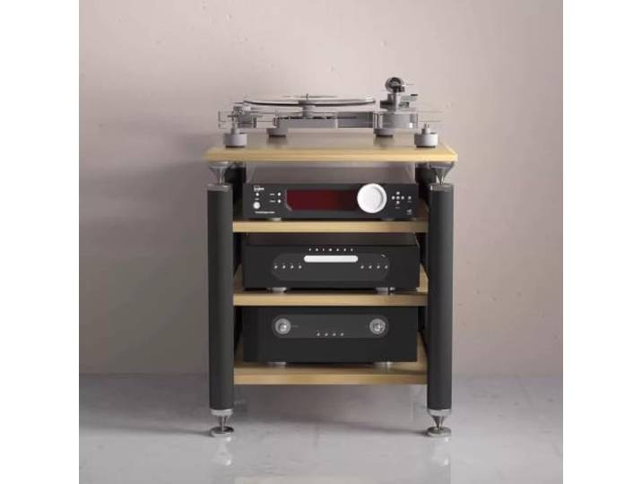 Modulares HIFI‑Audio‑Rack – Verstellbare Ablagen, Plattenspielerständer Mehrstöckiges Audio‑Regal, vielfältige Farben, schwingungsdämpfendes Design(Black+Natural Wood,3‑Tier)