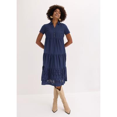Tunikakleid BONPRIX, Damen, Gr. 48, N-Gr, Kurzarm, blau (dunkelblau), Obermaterial: 100% Baumwolle, ausgestellt, Kleider, lockere Tunika-Form, mit Lochstickerei, Kurzarm-Design, aus Baumwolle