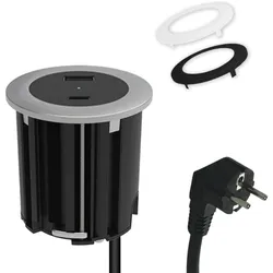 kalb   USB Einbausteckdose mit 2 USB-Anschlüssen, 54mm rund für Montage in und an Möbeln / Platten, mit EU-Stecker, inkl. farbiger Blenden