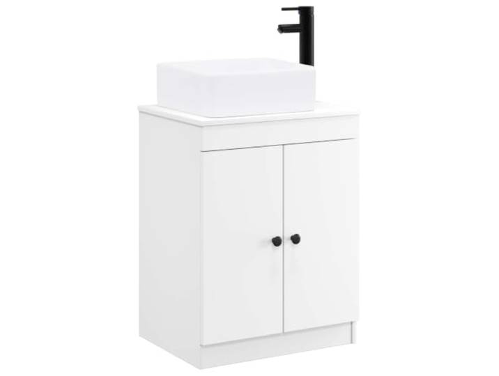 Weißes Badezimmermöbel-Set aus Holz, mit Waschbecken und Wasserhahn 2 Türen, 1 Einlegeboden, einfache Montage, modernes Design, feuchtigkeitsbeständig, 27,02 kg