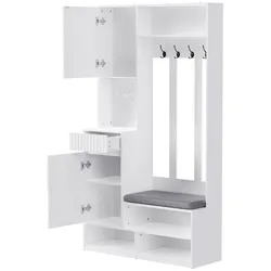 OKWISH Garderobenset mit Sitzbank 100x35x180 cm MDF Flurgarderobe Schuhbank mit Schubladen Garderobenhaken Lochwand Stauraum modern Weiß