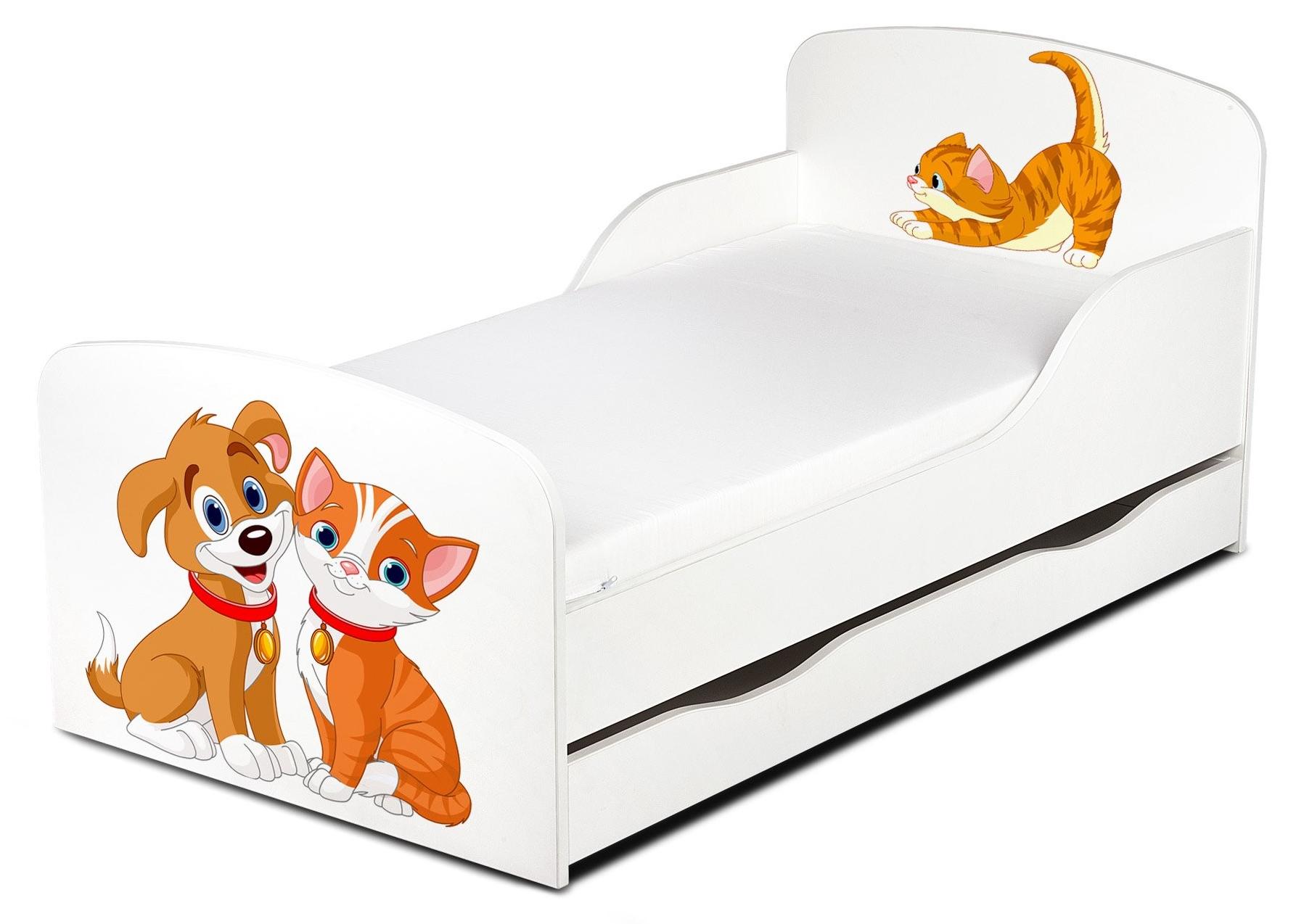 Moderne Weiße Kinderbett mit Schublade und Matratze 140x70cm - UV-Druck (Haustiere)