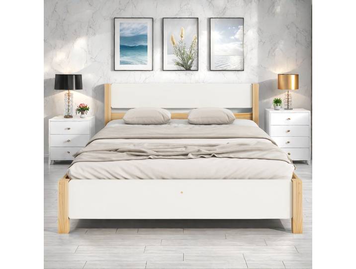 Rosahqnda Lit simple 90*200 cm Cadre de lit double 140*200 cm Lit en bois Lit d'appartement lit d'amis chambres principales, Pin
