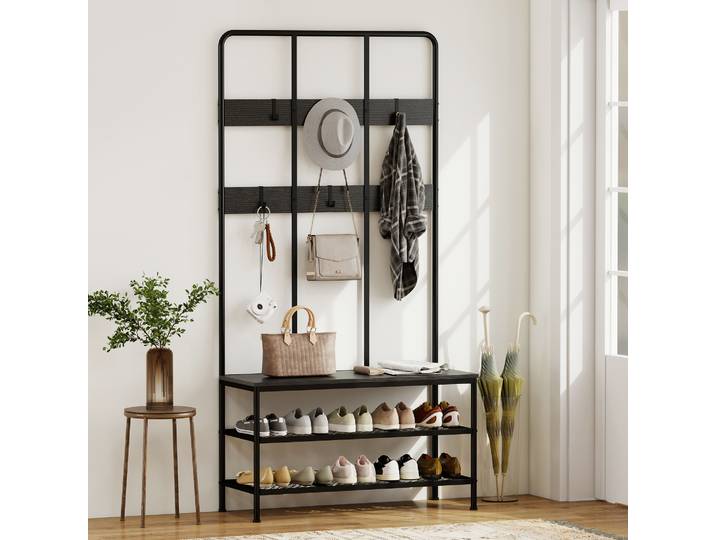 HOMCOM Portemanteau 3 en 1 Noir avec Banc et Rangement Chaussures