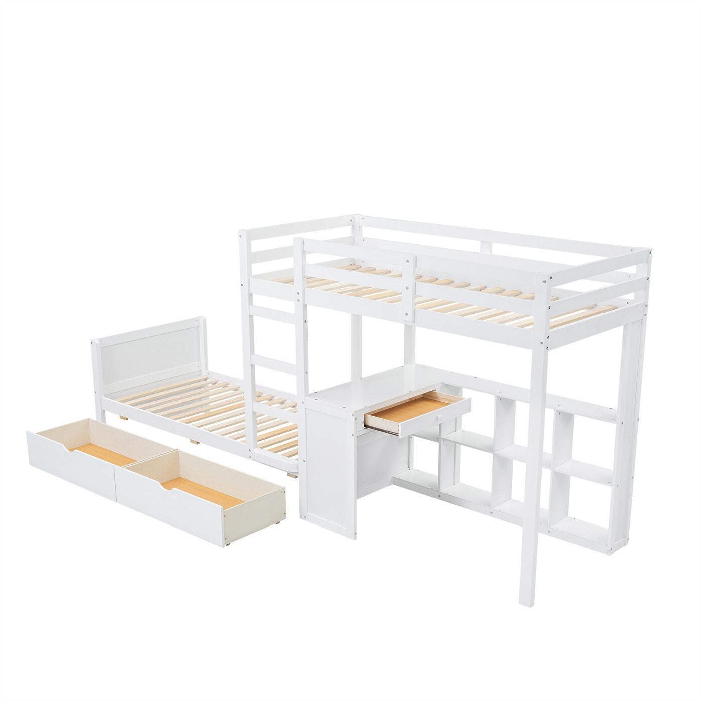 Etagenbett,Kinderbett,mit dreistufiger Leiter,Stabile Lattenroste,Offenes Regal,Design des Sicherheitszauns, Zwei Schubladen,mit Schreibtisch