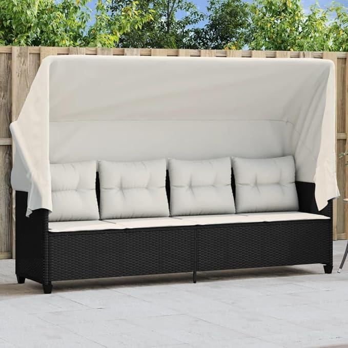 Sonnenliege Gartenliege mit Dach und Kissen Schwarz Poly Rattan wetterfest verstellbar ergonomisch mit Armlehne für Balkon Terrasse Pool Outdoor Relaxliege