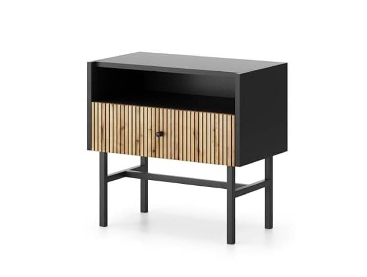 4ALL HOME Nachttisch VIO ZL5 54,8 cm - Beistelltisch mit Schublade - Sofatisch - Kaffeetisch - Nachtschrank - Nachtkommode (Schwarz + Lamellen)