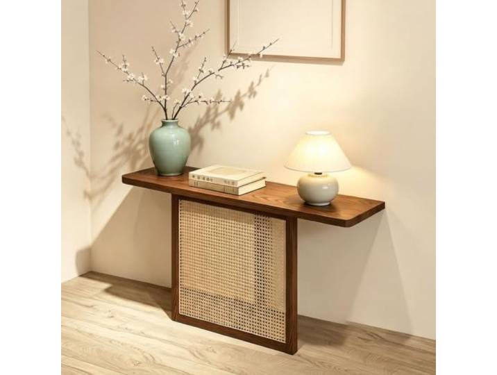 Konsolentisch Rattan Schmal Flurtisch Eingang Beistelltisch Anrichte Ablage mit Rattan Geflecht für Flur, Diele, Wohnzimmer, Sofa Hinterseite, Korridor & Kleine Räume
