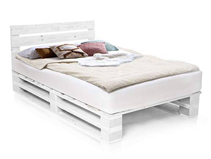 PALETTI Palettenbett inklusive Kopfteil Massivholzbett Holzbett Bett aus Paletten mit 11 Leisten, Palettenmöbel, 120 x 200 cm, Fichte Weiss