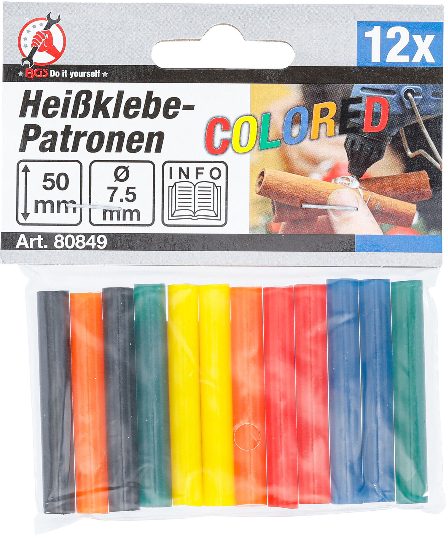 BGS Do it yourself Heißklebe-Patronen 80849, bunt, Ø 7,5 mm, 50 mm, 12-tlg.)
