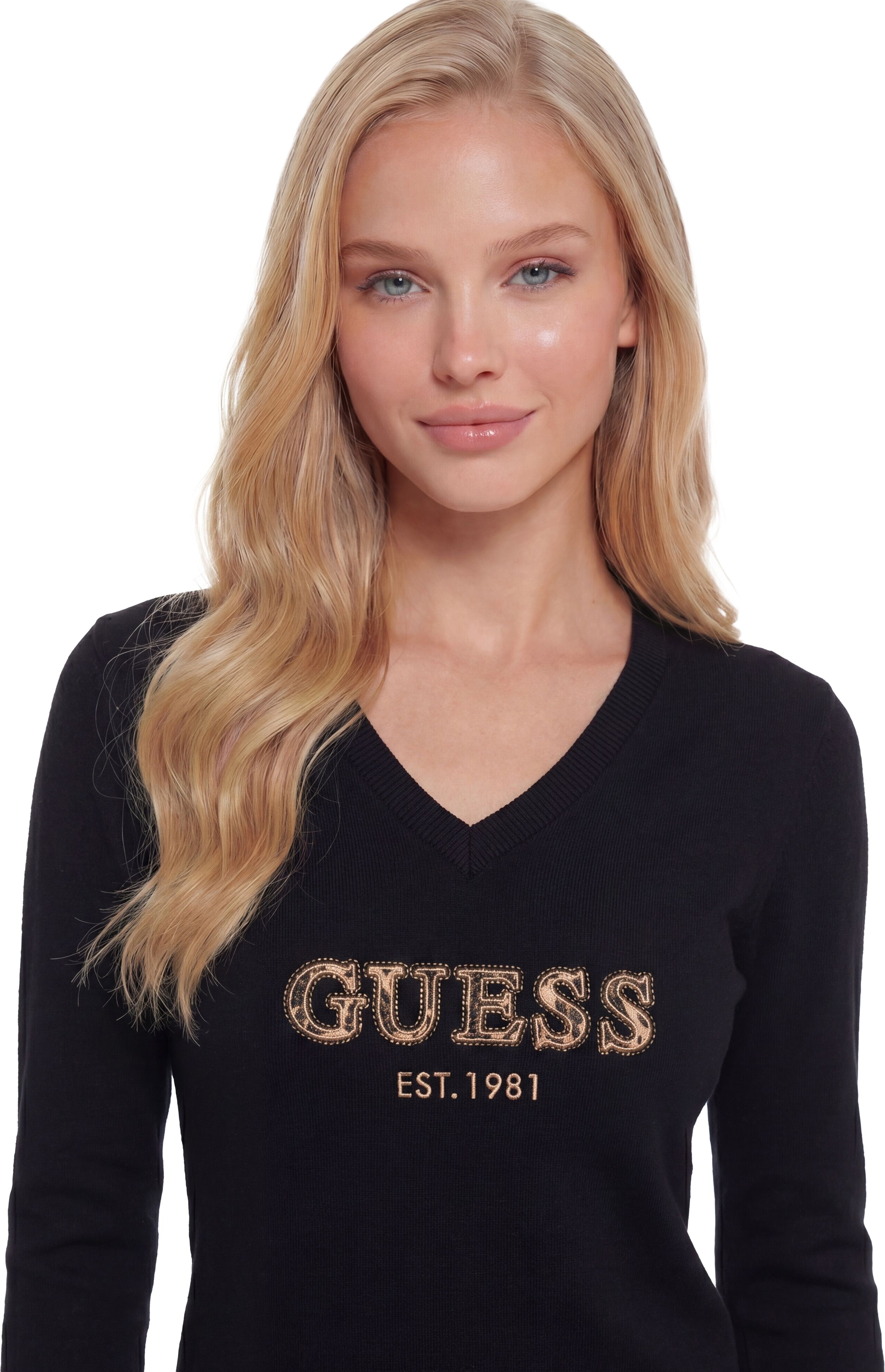 V-Ausschnitt-Pullover GUESS "LS VN HANNAH LOGO SWTR", Damen, Gr. XL, schwarz (jet schwarz a996), Strick, Obermaterial: 82% Viskose, 16% Polyamid, 2% Elasthan, unifarben, hüftbedeckend, V-Ausschnitt, Rippstrickbündchen, Pullover V-Ausschnitt-Pullover, aus 