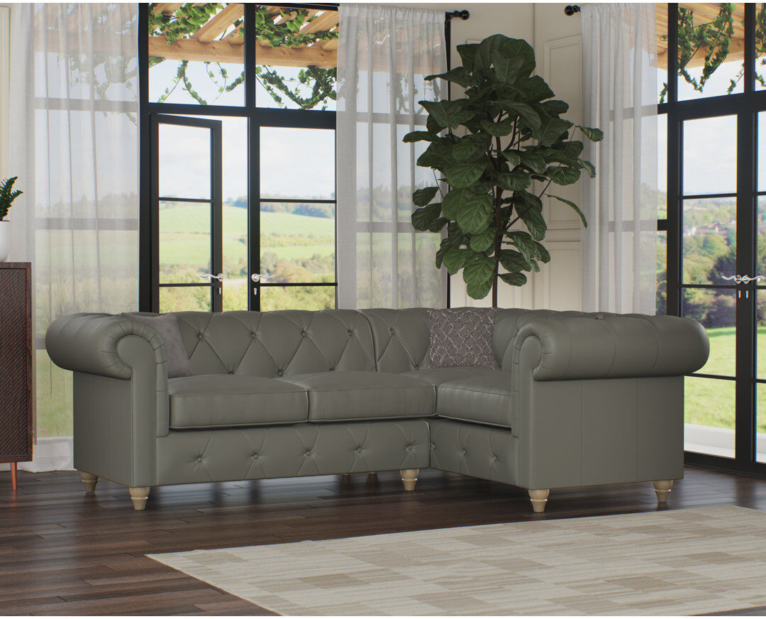 CLX Sofa Melrose 3 Seater Leather Corner Sofa Walnut/Stone Grey 80cm H X 251cm W X 184cm D