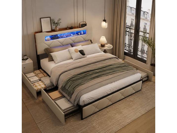 Lit double avec tiroirs 160x200 cm USB tête de lit LED Lit capitonné avec 4 tiroirs rangements de tête de lit Velours Beige