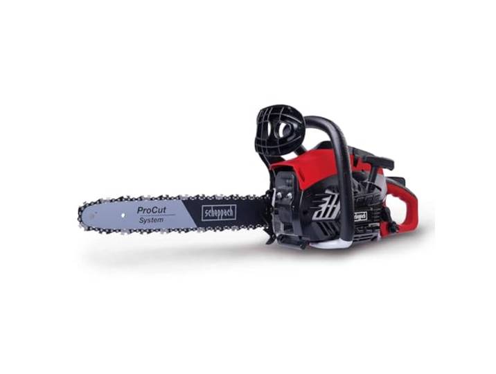 Scheppach Tronçonneuse à essence PCS38 - Moteur à essence 2 T de 1\,8 CV Moteur à essence 2 temps de 37\,2 cm³ Longueur de guide-chaîne 14\ /35 cm Lubrification automatique de la chaîne