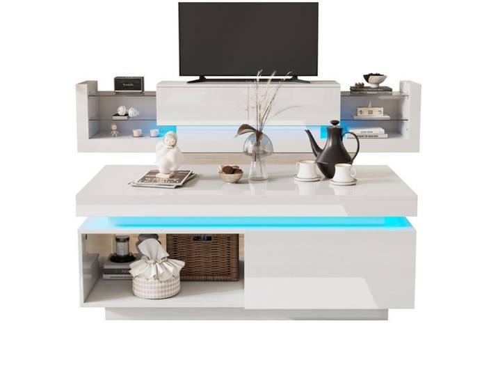 ELVORIN Ensemble meuble TV et table basse blanc brillant LED meuble TV 181 x 38 x 38 cm table basse 100 x 50 x 40 3 cm