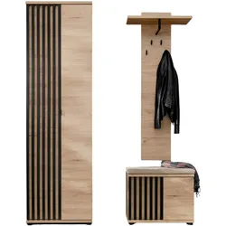 GARDEROBE Set 3-teilig Eiche Jackson, schwarz 140 cm, Garderobenkombination mit 3D-Lamellen