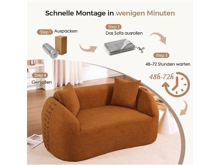 WOVREO Canapé 2 places courbe compressé sous vide en chenille orange avec 2 coussins