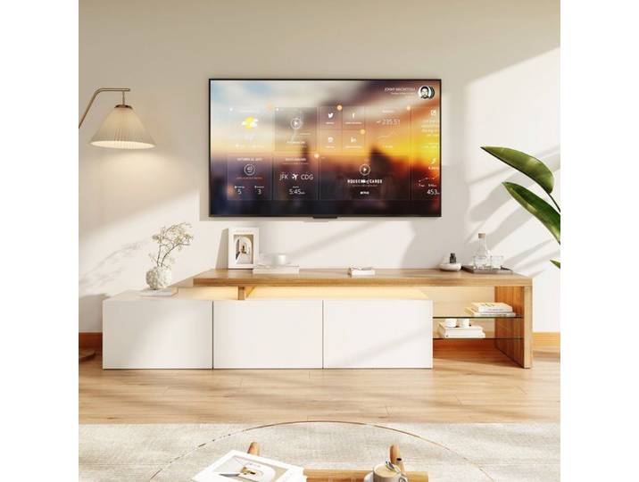 Meuble TV Meuble TV blanc Meuble TV LED Panneaux de bois & verre trempé espace de rangement pratique Blanc brillant+aspect bois
