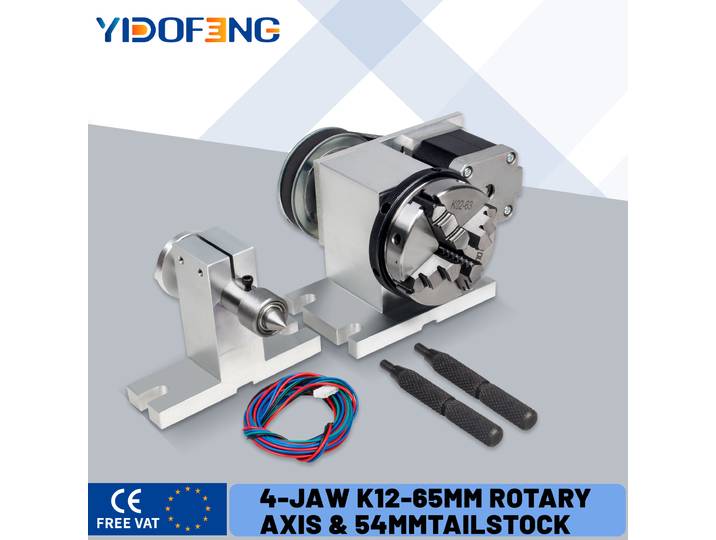【VAT Free for EU】K11-65mm/K12-65mm CNC Rotary Axis Kit 3-jaw 4-jaw Chuck 65mm with Activity Tailstock 54mm Centre Thimble Tailstock CNC Milling Machine Accessories