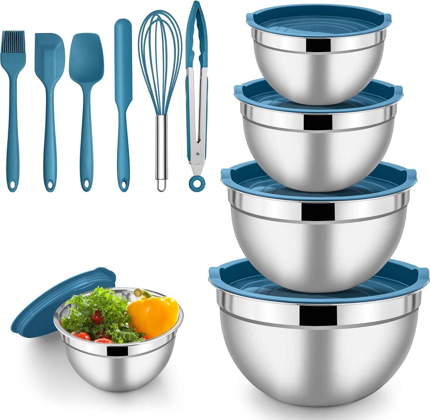 5-delige blauwe RVS mengkom set met accessoires en deksels