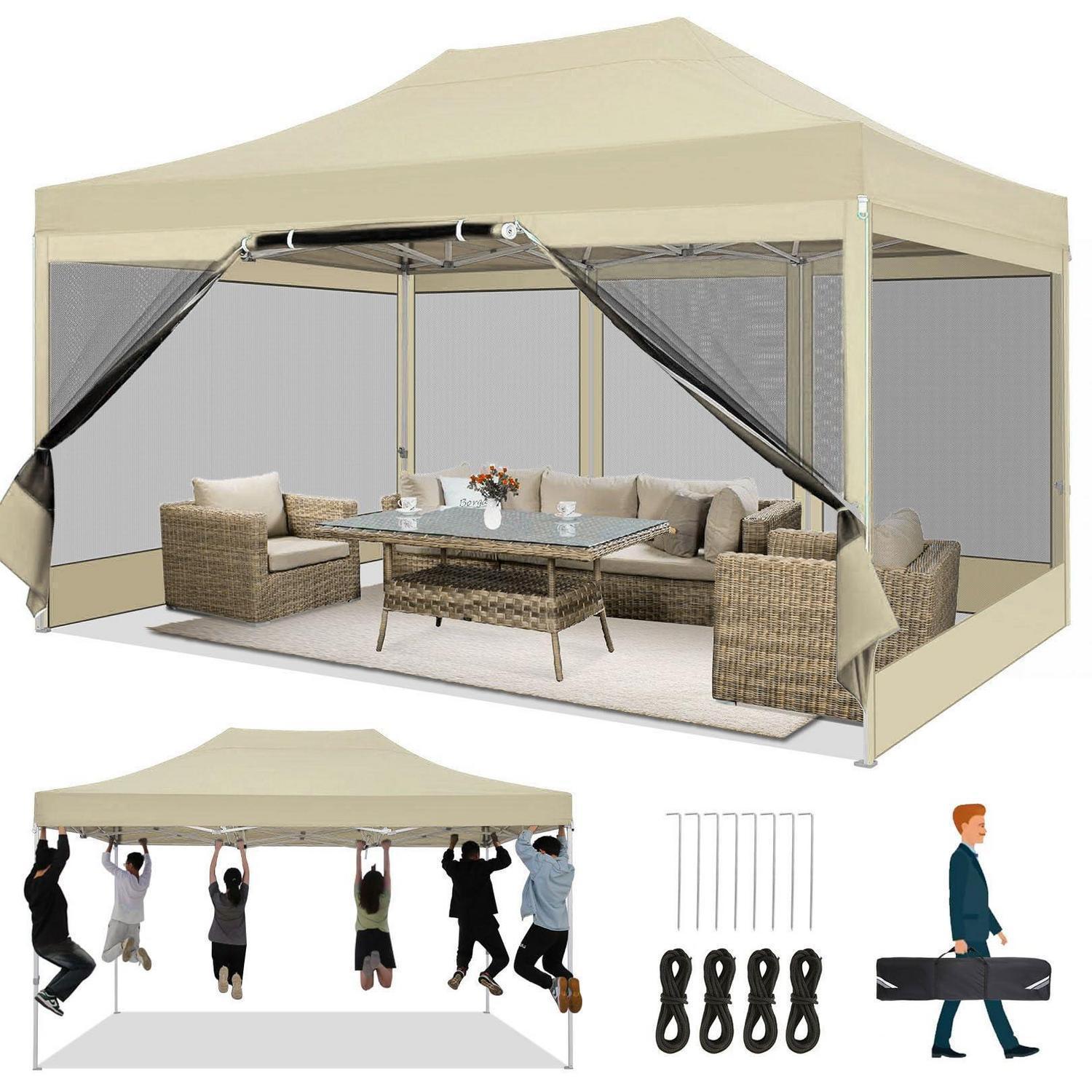 Faltpavillon 3x4,5m Wasserdicht Stabil mit 4 Seitenwänden Moskitonetz Pop Up Gartenpavillon Anti-UV Khaki