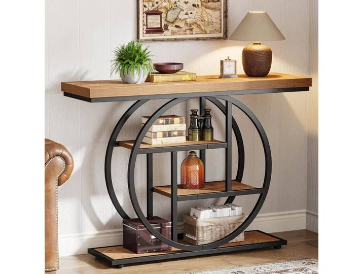 Finmind Table Console Industrielle à 4 niveaux avec Base Circulaire 105 cm Tables d'appoint étroites pour salon Marron Clair