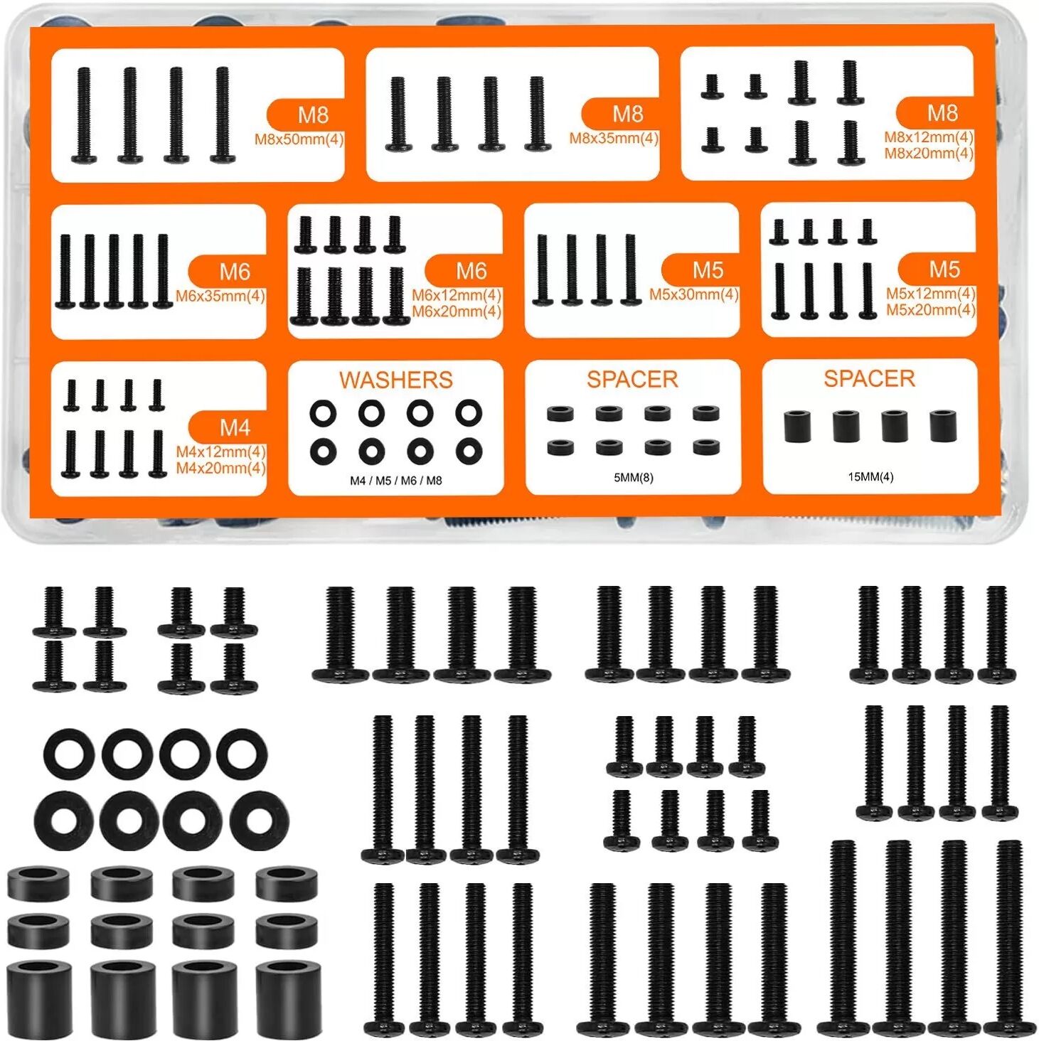 INF Kit de 68 vis de fixation murale TV - Vis en acier au carbone M4 M5 M8 pour installation de support de télévision,