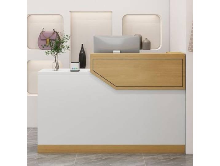 LVYWEX Empfangstresen für Empfangsbereiche Büros Rezeptionen Hotels Rezeptionstheken mit Abschließbarer Schublade und Schrank Tresen, Tastaturablage,(Yellow+White/Left,55in)