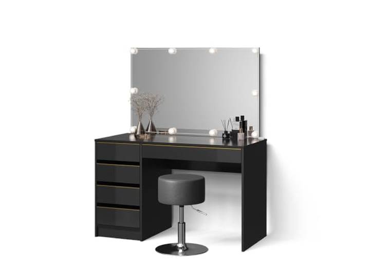 Livinity Schminktisch Imola , Schwarz/Gold Spiegel mit LED-Lichterkette · Hocker · 5 Schubladen · Freistehend · Grifflose Optik