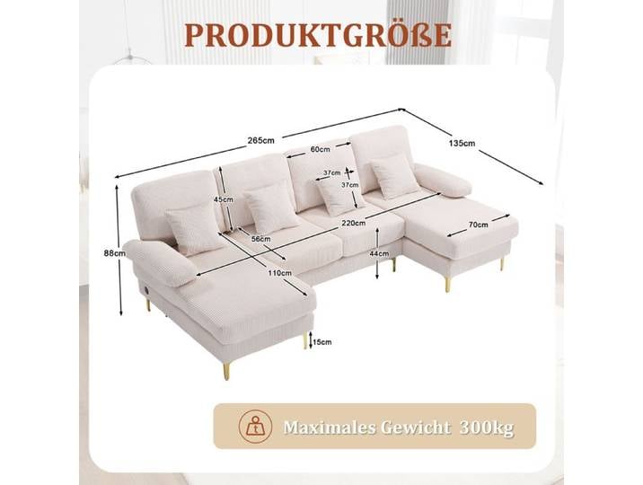 Canapé d'angle en U - Moderne Beige - LED intégré - USB-C - 4 Coussins luxueux
