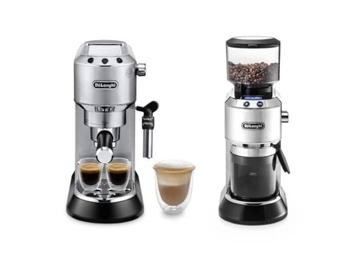 De'Longhi Dedica mit Elektrischer Kaffeemühle ECKG6821.M, Kaffeemaschine mit Milchaufschäumer, Traditionelle Barista-Espressopumpe, Kaffee- und Cappuccino-Maker, 18 Mahlgradeinstellungen, Metall