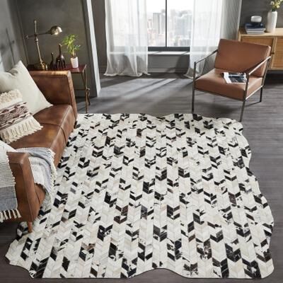 KALATY Pelle Leather Mosaic Chevron Abstract-Edged Area Rug