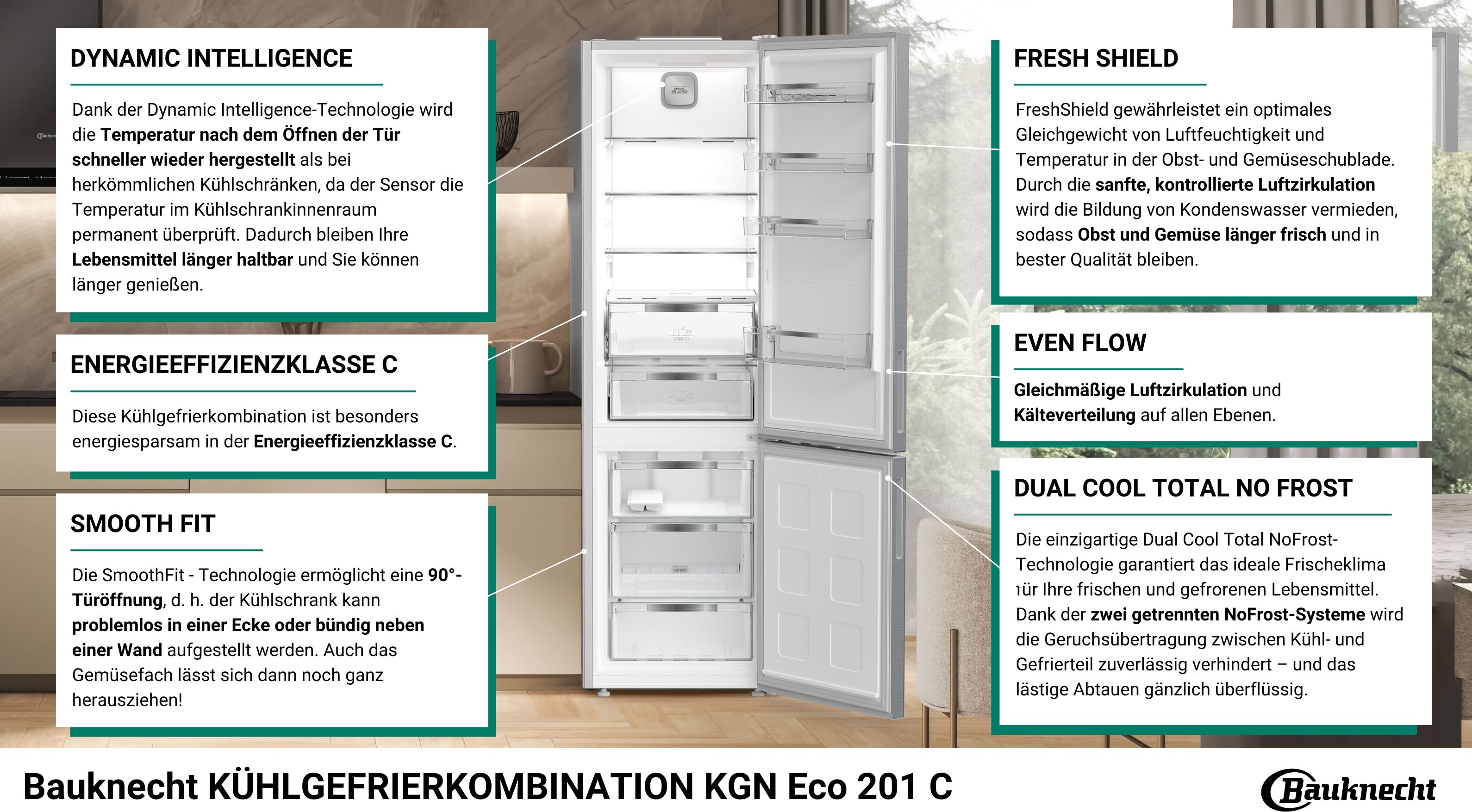 Bauknecht Kühl-/Gefrierkombination "KGN Eco 201 C", Energieeffizienz: C, silber, Rechtsanschlag, Kühlschränke, Zwei Kühlkreisläufe vermeiden Geruchsübertragung zwischen Bereichen, Kühl-/Gefrierkombination, Topseller