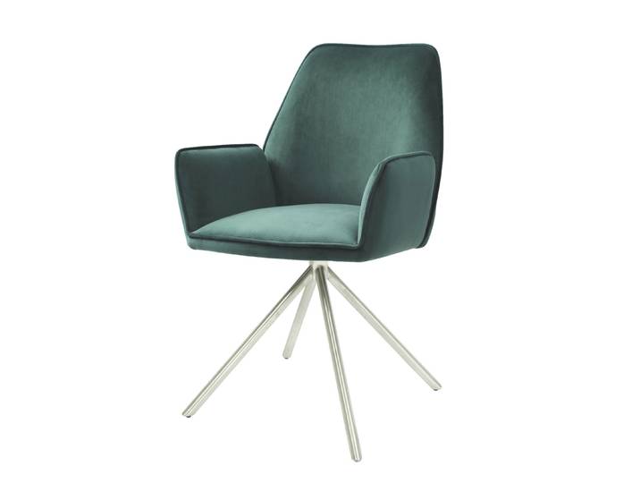 Chaise de salle à manger HWC-G67\, chaise de cuisine chaise avec accoudoirs\, pivotante Auto-Position\, velours MVG ~ vert\, inox