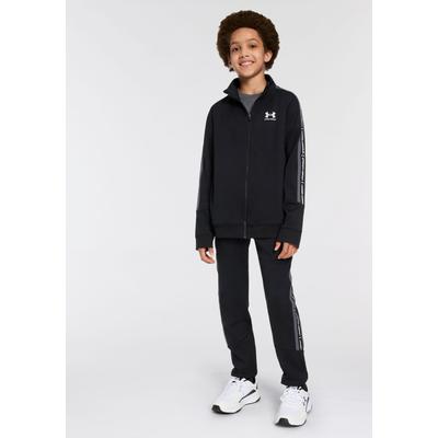 Trainingsanzug UNDER ARMOUR "UA B ICON KNIT TRACKSUIT", Jungen, Gr. M, weiß (schwarz, castlerock, weiß), Obermaterial: 100% Polyester, Sportanzüge Trainingsanzug, für Sportmode und aktive Freizeit, komfortables Tragegefühl