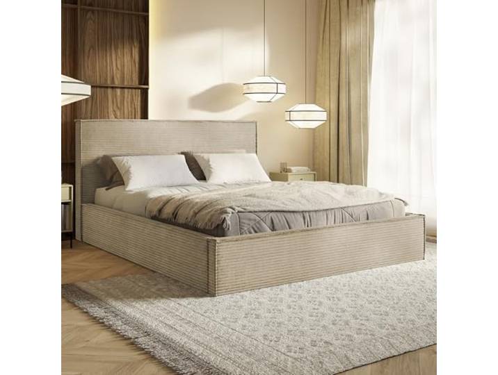 MOTIVENA Boho Bett 180x200 Beige Cord, mit Stauraum, mit Kopfteil, mit Lattenrost, ohne Füße, ohne Matratze, Polsterbett 180x200 mit Bettkasten Beige
