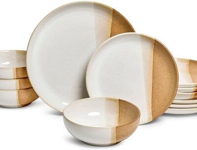Sango Phoebe 12-Piece Multicolor Stoneware Dinnerware Set - Service for 4, Plate & Bowl Set, Caramel with a Rustic White Glaze