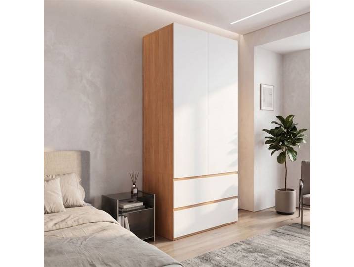 Armoire de Chambre avec compartiment de rangement supérieur - Armoire avec 2 Portes - Penderie et 2 Tiroirs - Blanc