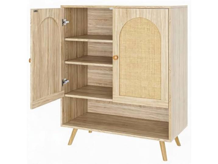 Zstar Sideboard mit Rattan-Design Eichenoptik 97x48x17 cm mit Stauraum Moderner Aufbewahrungsschrank mit Türen, Ablagefläche und flexiblem Stauraum