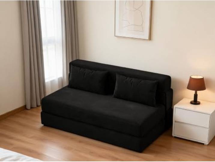 Schlafsofa Mit Kissen,Faltbar Zweisitzer-Sofa,Umwandelbarer Schlafplatz 203*152cm, Schwarz, für Wohnzimmer,Schlafzimmer,Gästezimmer